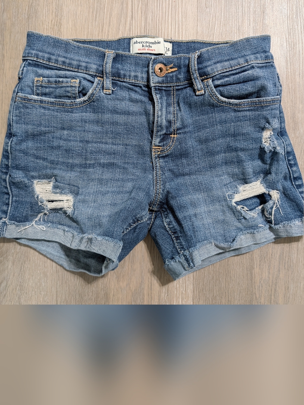 abercrombie kids distressed blue denim cuffed shorts - 13/14 - Preloved